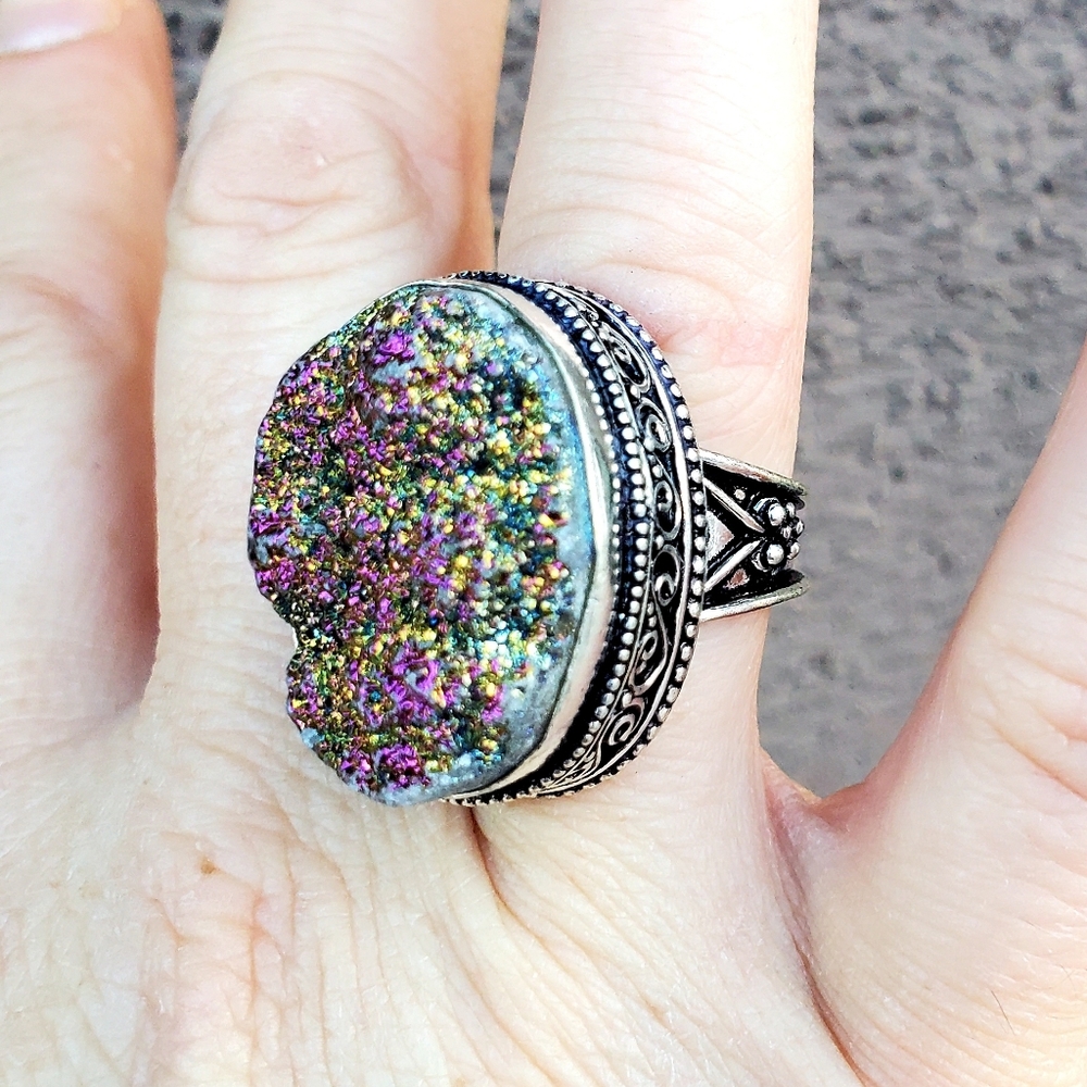 New Titanium Druzy 925 Silver Statement Ring.